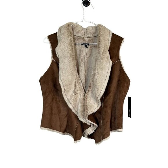 Retro Fur Vest L Brown Faux Sherpa Suede Boho Western Penny Lane Cozy Fleece 80s - Picture 1 of 10